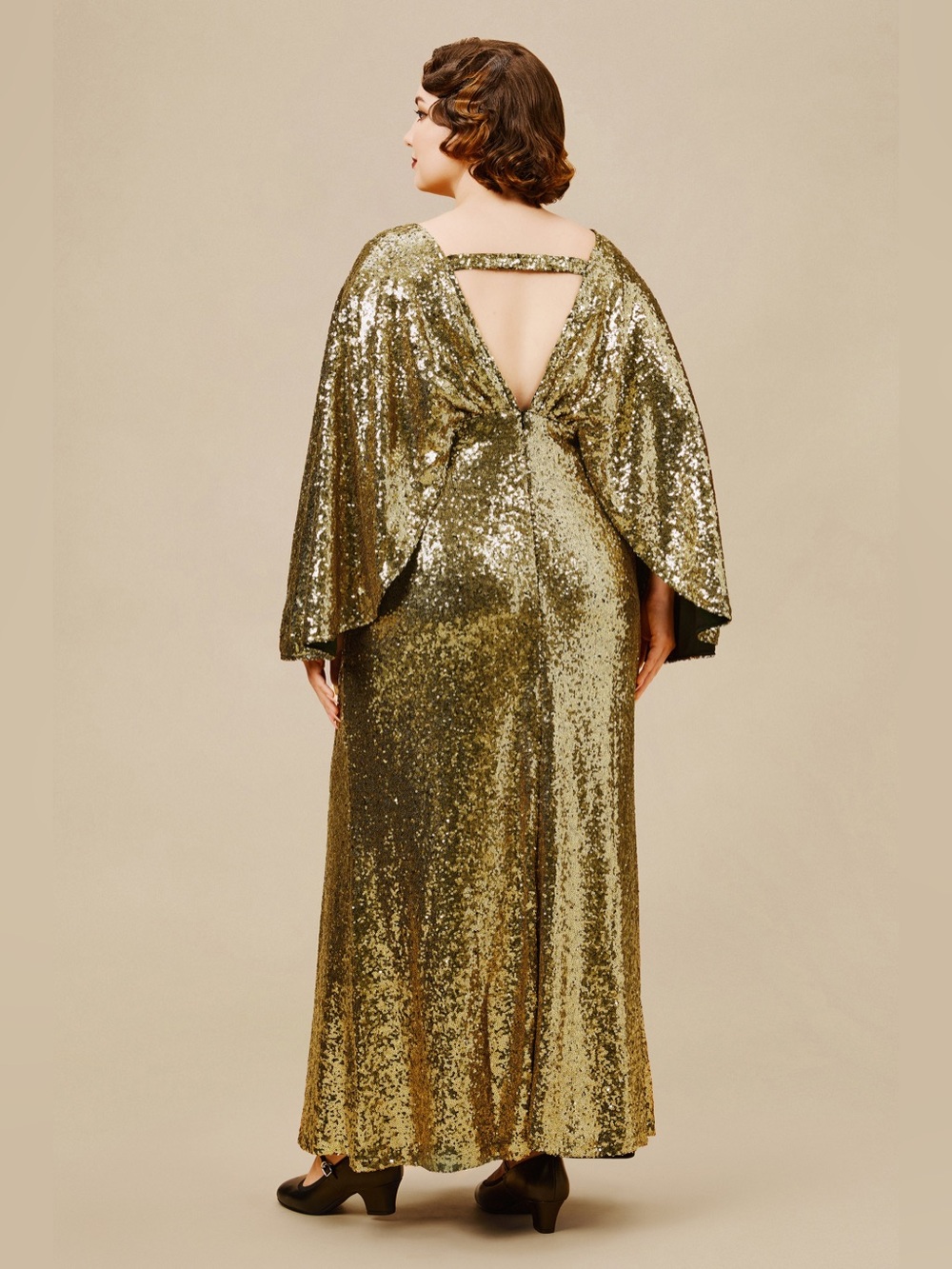 NEW BABEYOND Scoop Neck Sheer Angel Sleeve Maxi Dress Gold Sequin - Size 2X - Picture 2 of 14